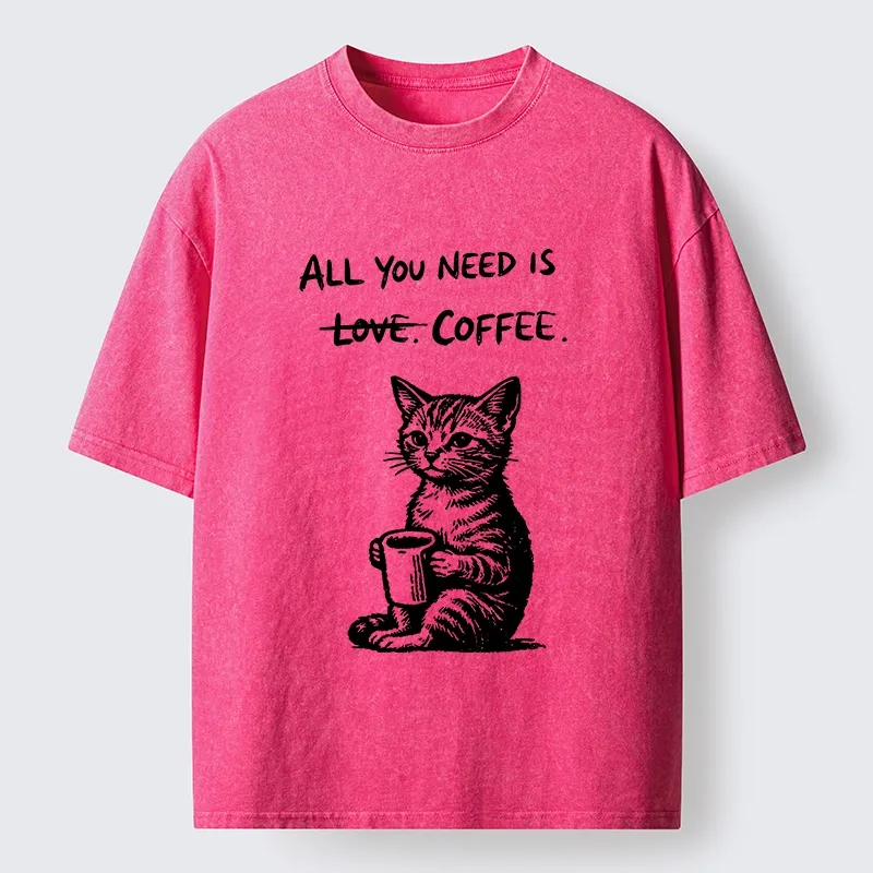 Tokyo-Tiger Cute Cat Coffee Daily Happy Vibe Washed T-Shirt Sale
