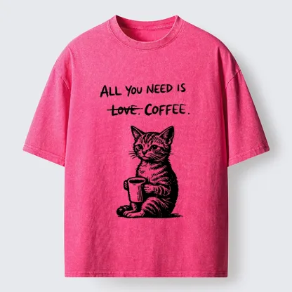 Tokyo-Tiger Cute Cat Coffee Daily Happy Vibe Washed T-Shirt
