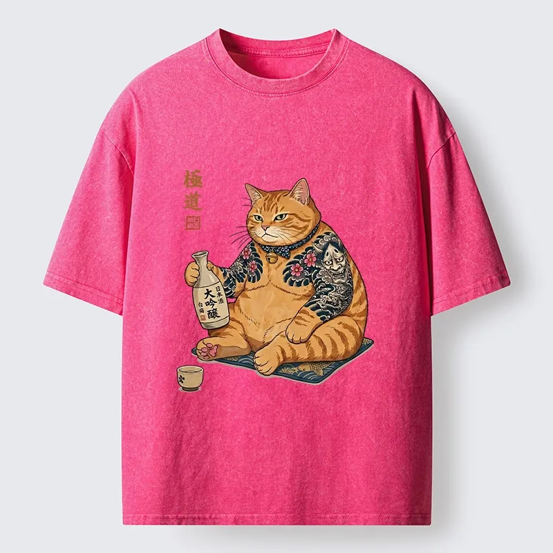 Tokyo-Tiger Traditional Japanese Cat Sake Tee Washed T-Shirt