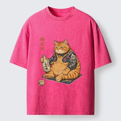 Tokyo-Tiger Traditional Japanese Cat Sake Tee Washed T-Shirt
