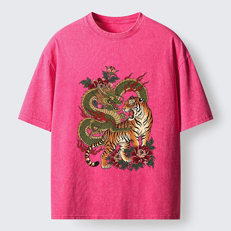 Tokyo-Tiger Vintage Asian Dragon Tiger Floral Vibe Washed T-Shirt