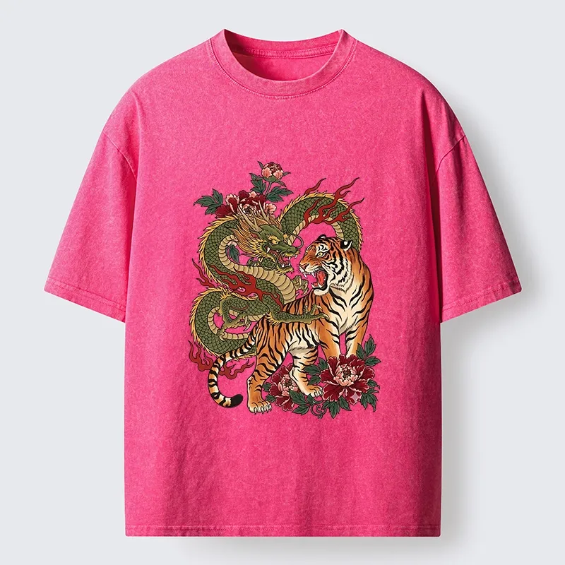 Tokyo-Tiger Vintage Asian Dragon Tiger Floral Vibe Washed T-Shirt