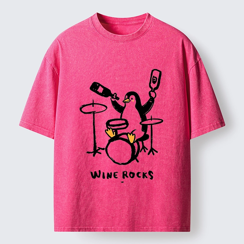 Tokyo-Tiger Cute Penguin Play Drum Drink Wine Print Washed T-Shirt