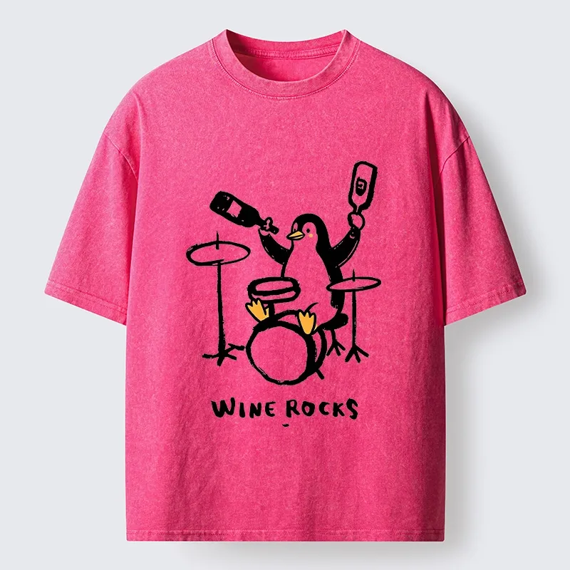 Tokyo-Tiger Cute Penguin Play Drum Drink Wine Print Washed T-Shirt