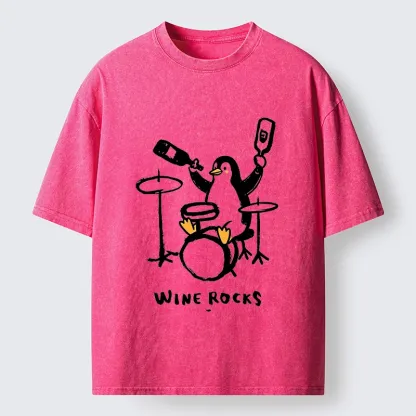 Tokyo-Tiger Cute Penguin Play Drum Drink Wine Print Washed T-Shirt