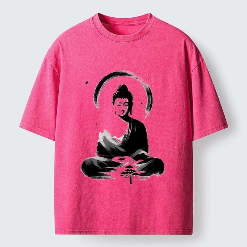 Tokyo-Tiger Serene Mountain Buddha Zen Art Washed T-Shirt