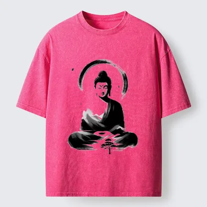 Tokyo-Tiger Serene Mountain Buddha Zen Art Washed T-Shirt