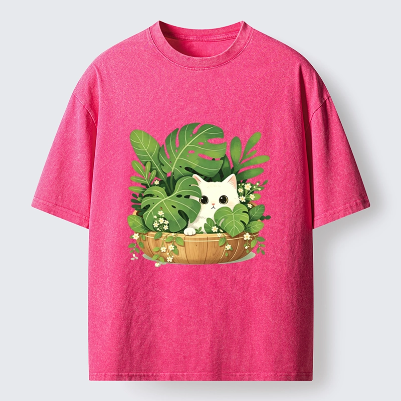 Tokyo-Tiger Sweet White Cat Green Plant Vibe Washed T-Shirt