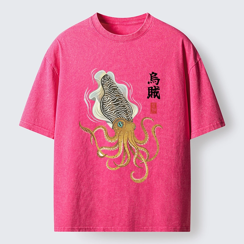 Tokyo-Tiger Ink Style Cuttlefish Japan Art Washed T-Shirt