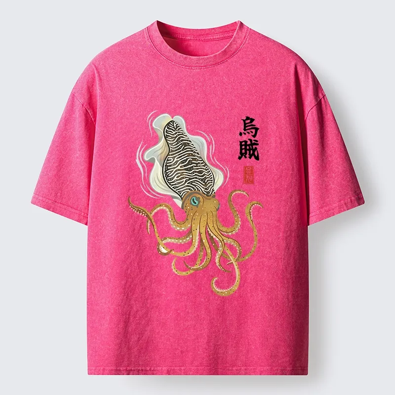 Tokyo-Tiger Ink Style Cuttlefish Japan Art Washed T-Shirt