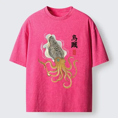 Tokyo-Tiger Ink Style Cuttlefish Japan Art Washed T-Shirt