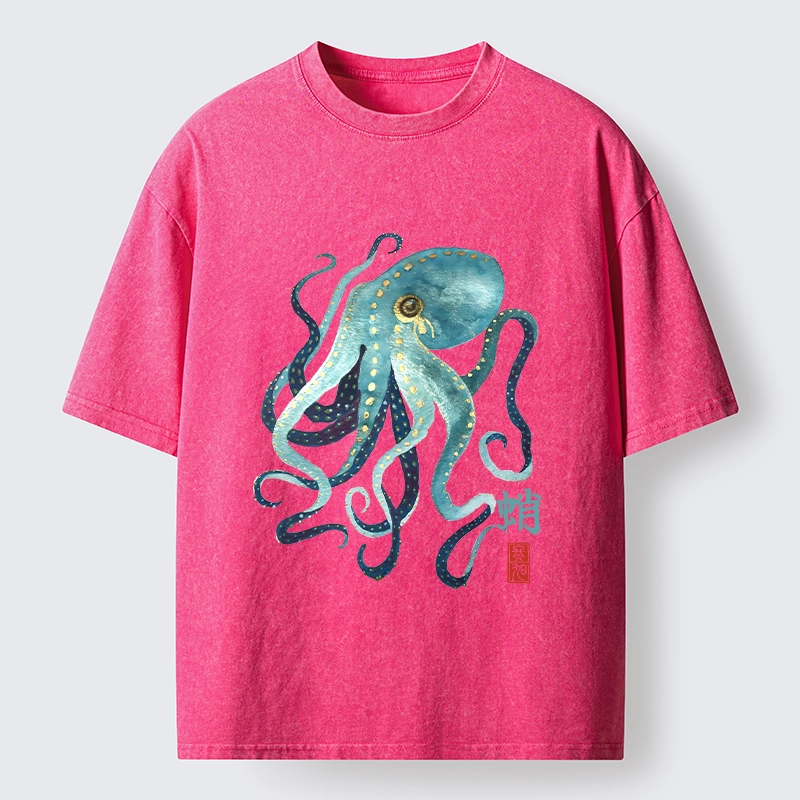 Tokyo-Tiger Soft Watercolor Octopus Japanese Art Washed T-Shirt
