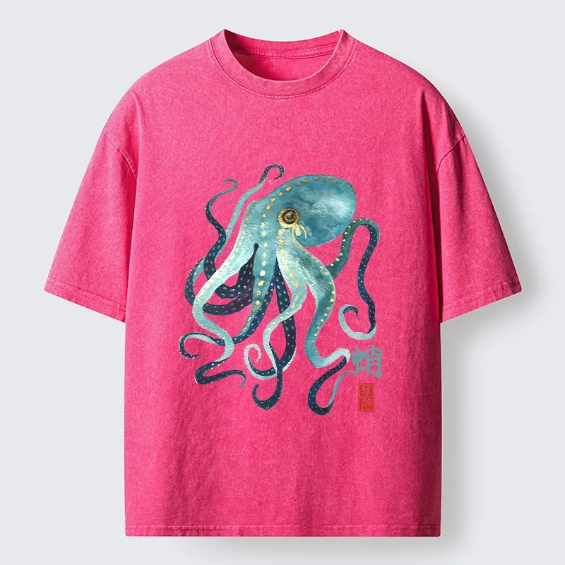 Tokyo-Tiger Soft Watercolor Octopus Japanese Art Washed T-Shirt