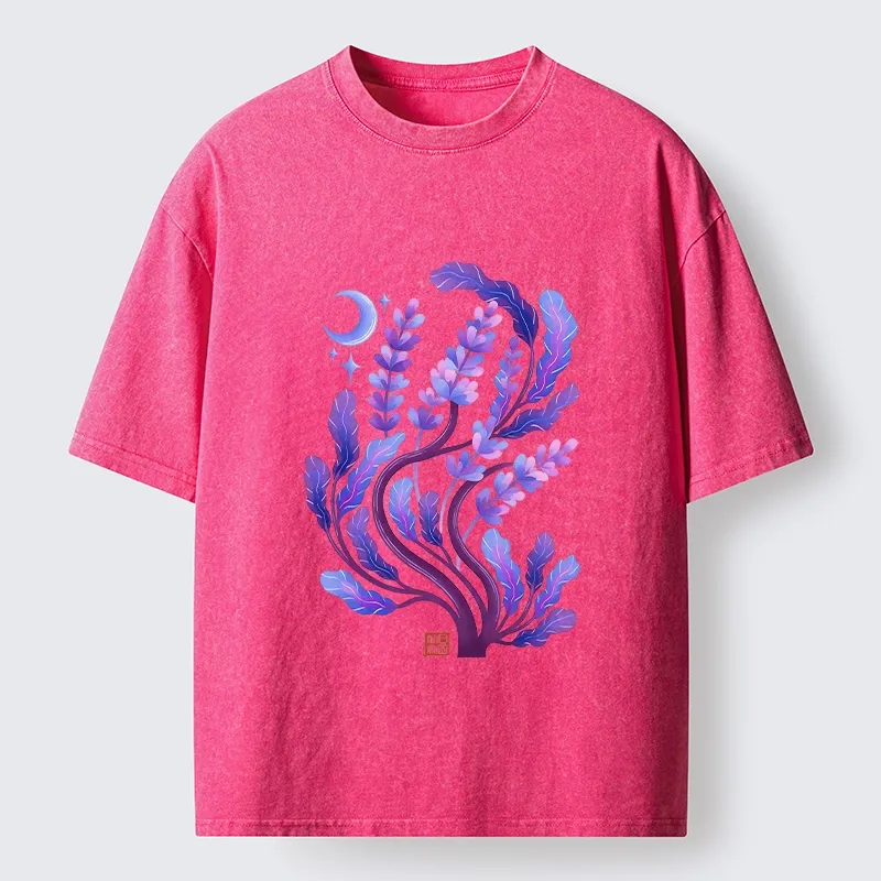 Tokyo-Tiger Peaceful Purple Floral Night Art Washed T-Shirt