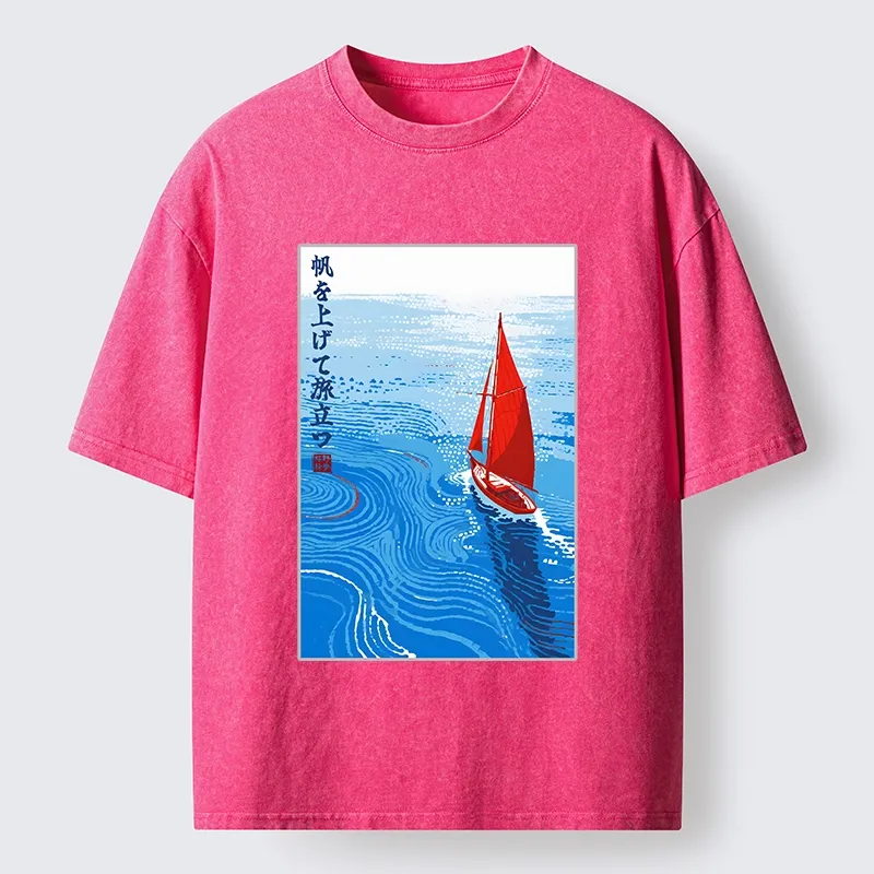 Tokyo-Tiger Bright Blue Sea Sail Journey Art Washed T-Shirt