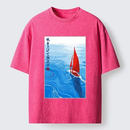Tokyo-Tiger Bright Blue Sea Sail Journey Art Washed T-Shirt