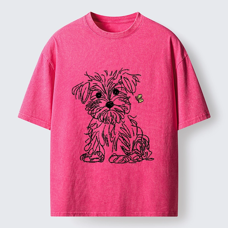 Tokyo-Tiger Simple Line Dog Tiny Butterfly Washed T-Shirt
