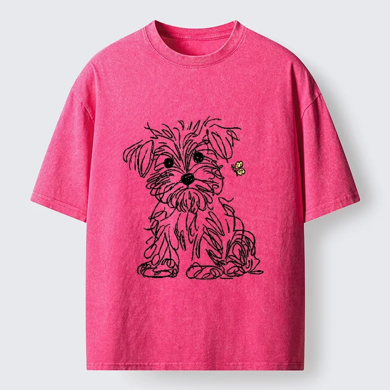 Tokyo-Tiger Simple Line Dog Tiny Butterfly Washed T-Shirt
