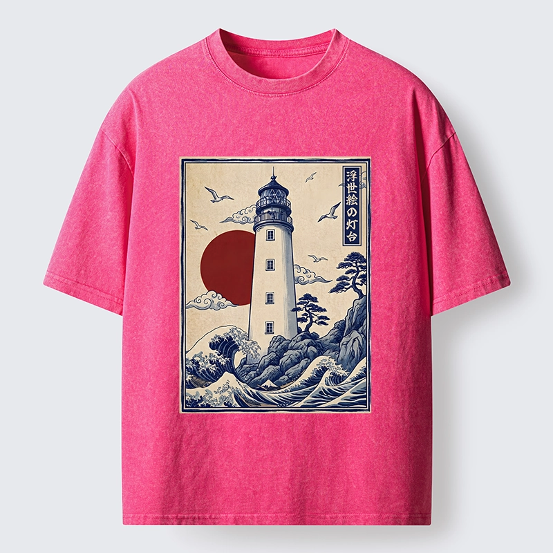 Tokyo-Tiger Classic Wave Lighthouse Sunrise Print Washed T-Shirt