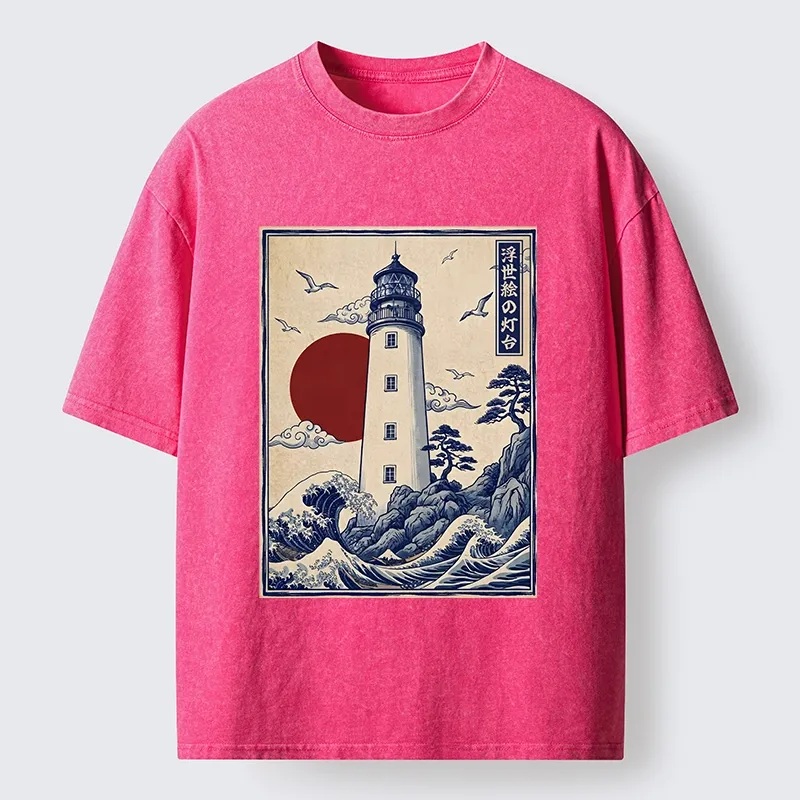 Tokyo-Tiger Classic Wave Lighthouse Sunrise Print Washed T-Shirt