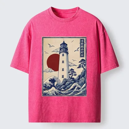Tokyo-Tiger Classic Wave Lighthouse Sunrise Print Washed T-Shirt