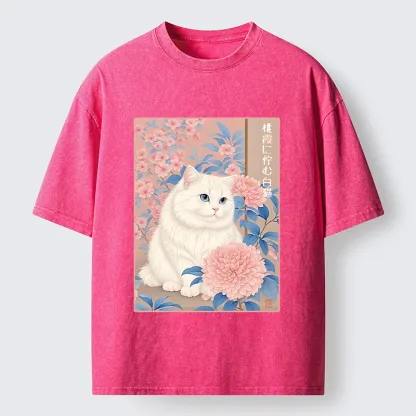Tokyo-Tiger White Cat Pink Blossom Soft Art Washed T-Shirt