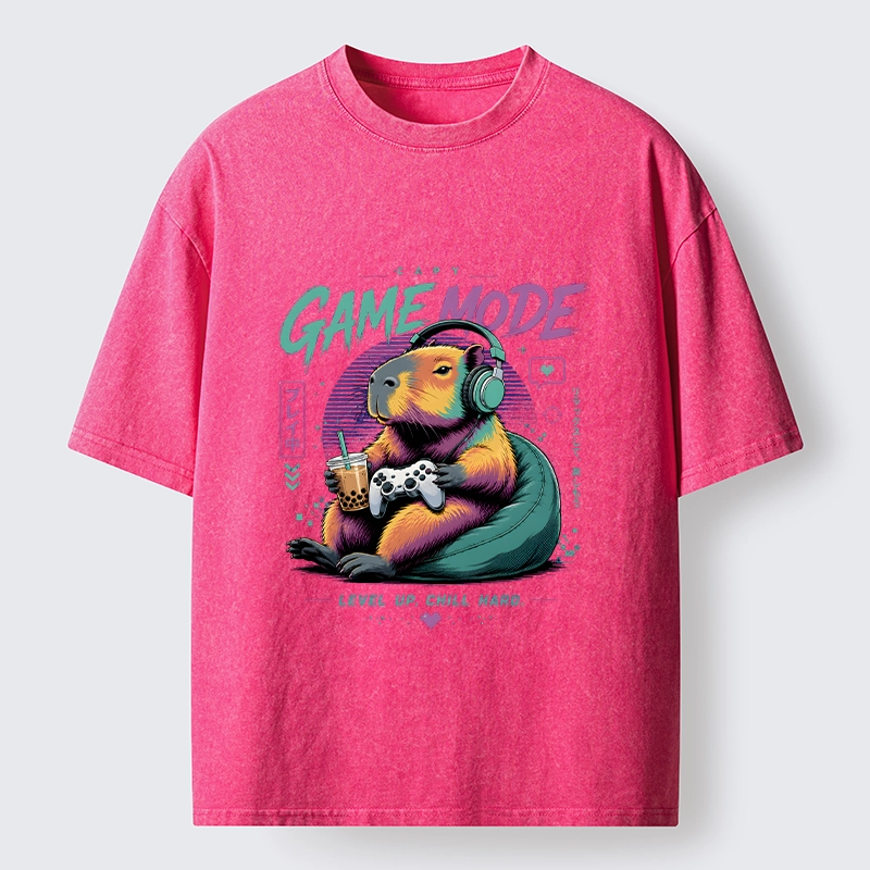 Tokyo-Tiger Cozy Capybara Play Video Games Washed T-Shirt