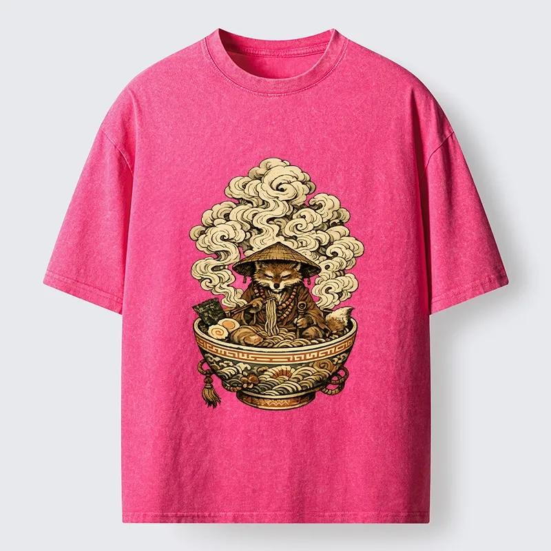 Tokyo-Tiger Zen Fox Eat Warm Ramen Washed T-Shirt