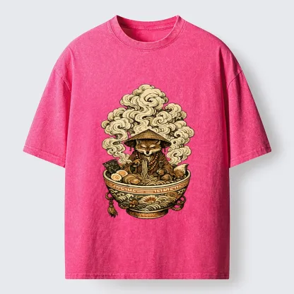 Tokyo-Tiger Zen Fox Eat Warm Ramen Washed T-Shirt