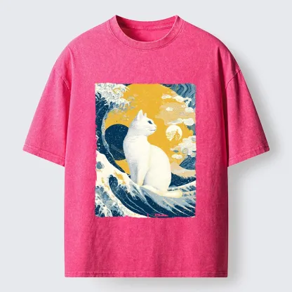 Tokyo-Tiger Ukiyo Cat Giant Ocean Wave Print Washed T-Shirt