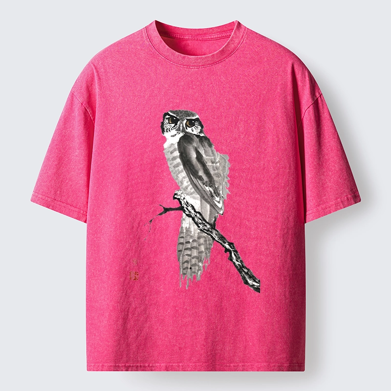 Tokyo-Tiger Minimal Ink Owl Oriental Brush Art Washed T-Shirt