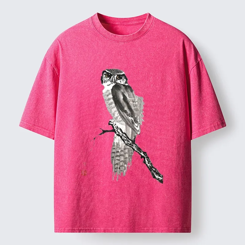 Tokyo-Tiger Minimal Ink Owl Oriental Brush Art Washed T-Shirt Sale