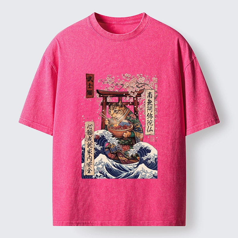 Tokyo-Tiger Samurai Cat Eating Noodles Wave Scene Washed T-Shirt