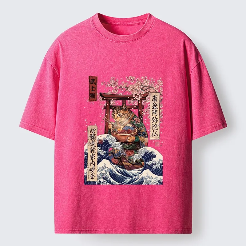 Tokyo-Tiger Samurai Cat Eating Noodles Wave Scene Washed T-Shirt