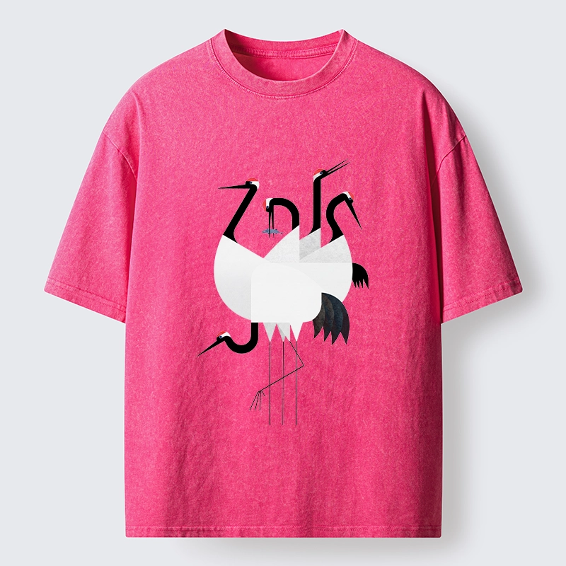 Tokyo-Tiger Minimal Shaped Cranes Simple Graphic Washed T-Shirt
