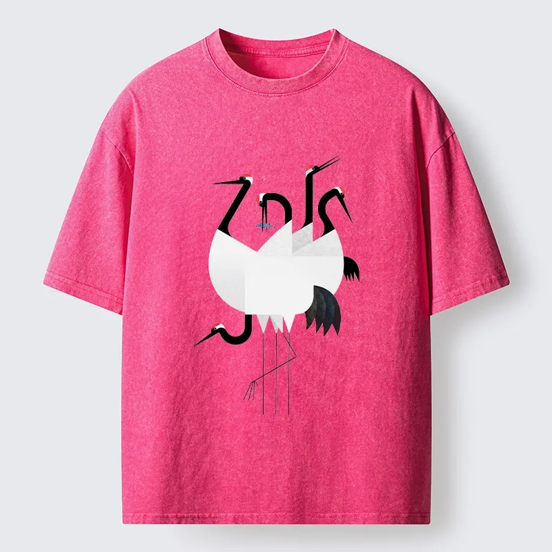 Tokyo-Tiger Minimal Shaped Cranes Simple Graphic Washed T-Shirt