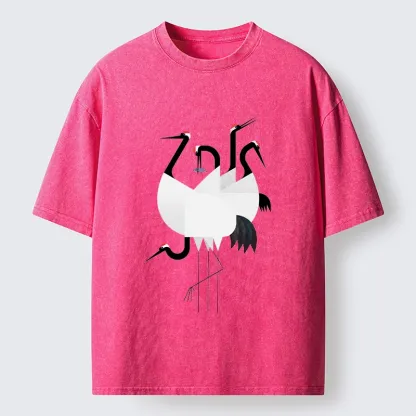 Tokyo-Tiger Minimal Shaped Cranes Simple Graphic Washed T-Shirt