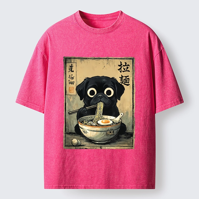 Tokyo-Tiger Cute Black Dog Eating Hot Ramen Washed T-Shirt