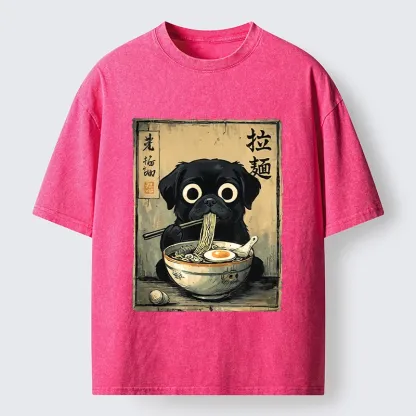 Tokyo-Tiger Cute Black Dog Eating Hot Ramen Washed T-Shirt