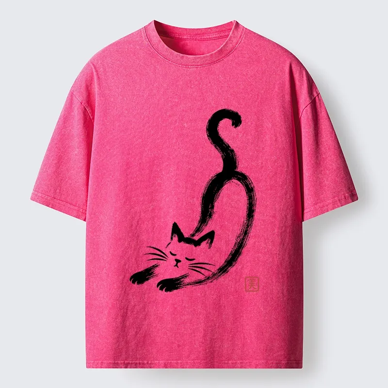 Tokyo-Tiger Soft Ink Stretch Cat Oriental Brush Art Washed T-Shirt