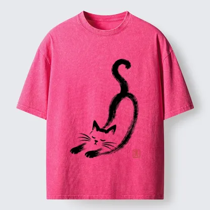 Tokyo-Tiger Soft Ink Stretch Cat Oriental Brush Art Washed T-Shirt