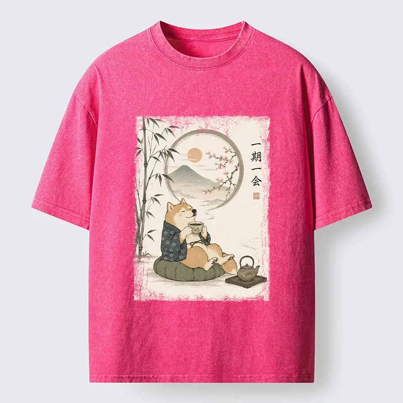 Tokyo-Tiger Funny Meme Cozy Tea Time Shiba Inu Washed T-Shirt