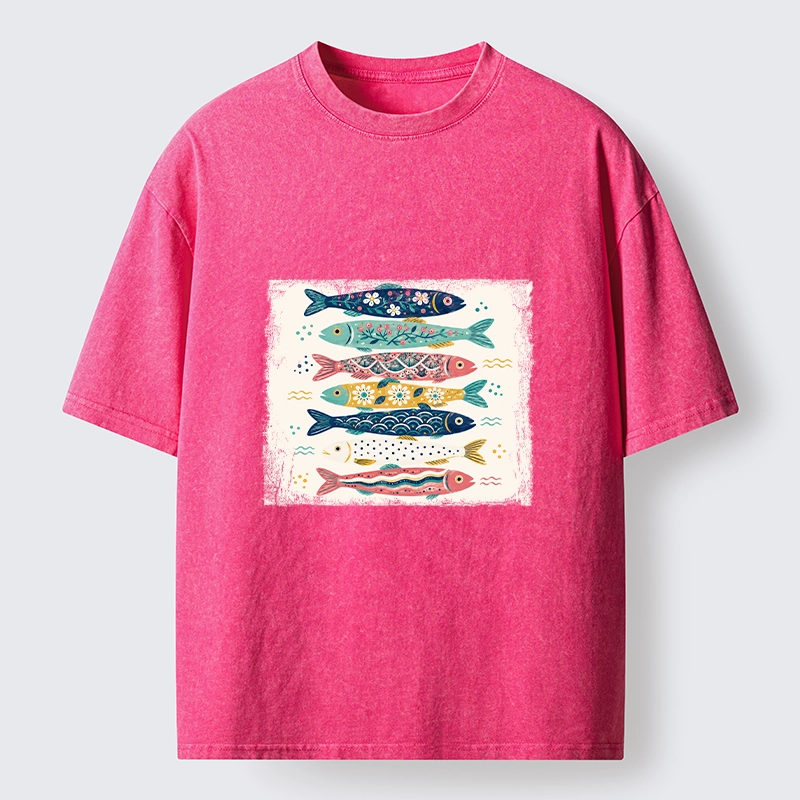 Tokyo-Tiger Simple Folk Art Floral Fish Group Design Washed T-Shirt