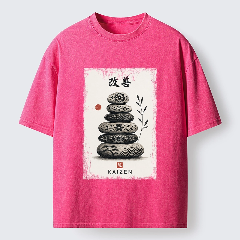 Tokyo-Tiger Japanese Balance Stone Floral Print Washed T-Shirt