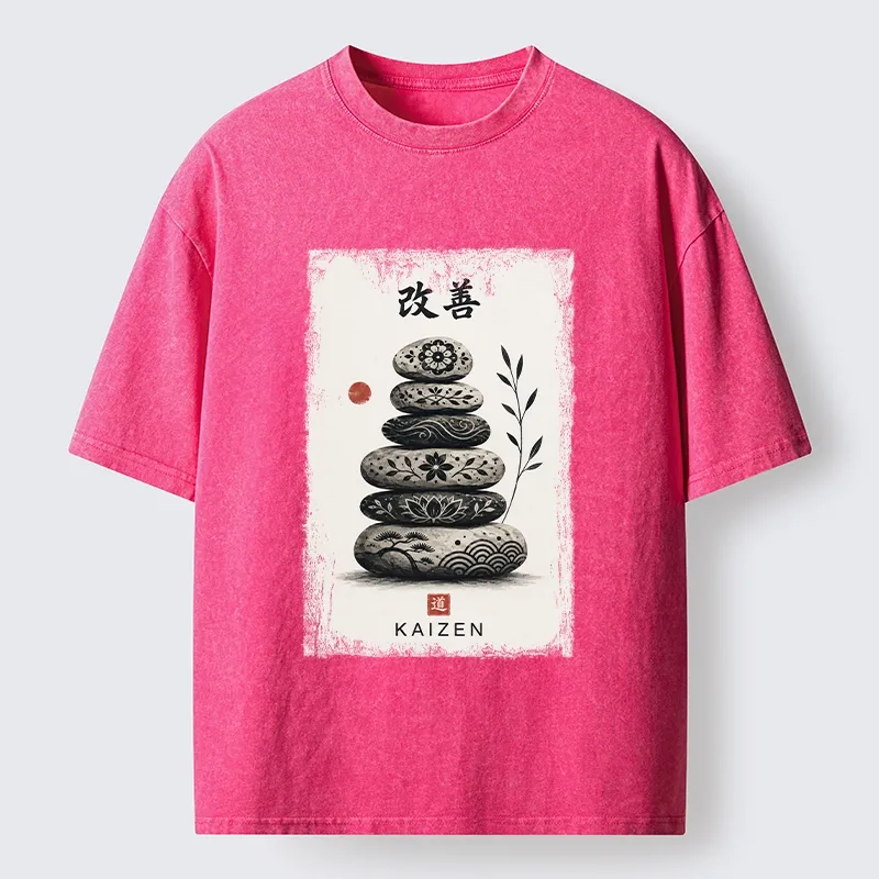 Tokyo-Tiger Japanese Balance Stone Floral Print Washed T-Shirt