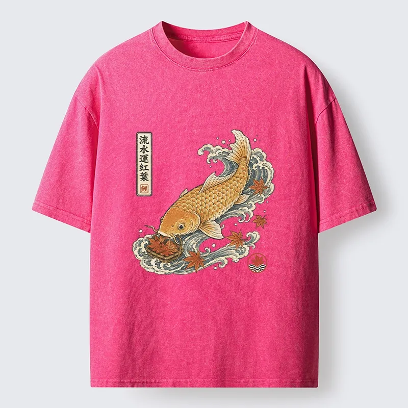 Tokyo-Tiger Golden Koi Carp Maple Leaf Wave Art Washed T-Shirt