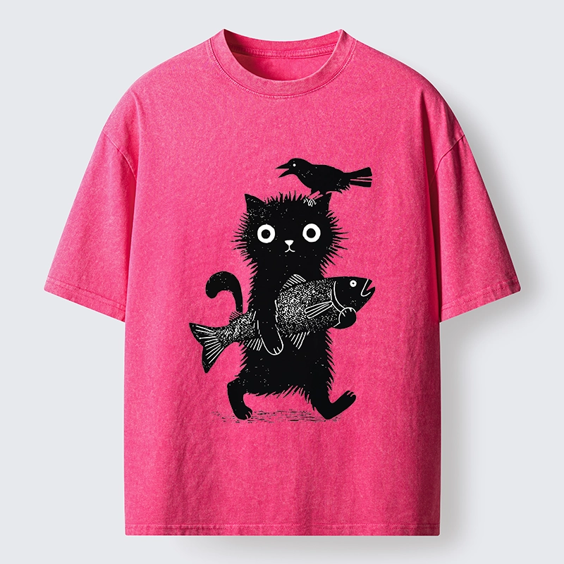 Tokyo-Tiger Wild Fluffy Cat Fish Crow Vintage Print Washed T-Shirt