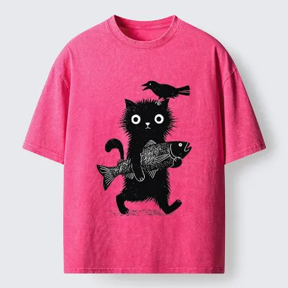 Tokyo-Tiger Wild Fluffy Cat Fish Crow Vintage Print Washed T-Shirt