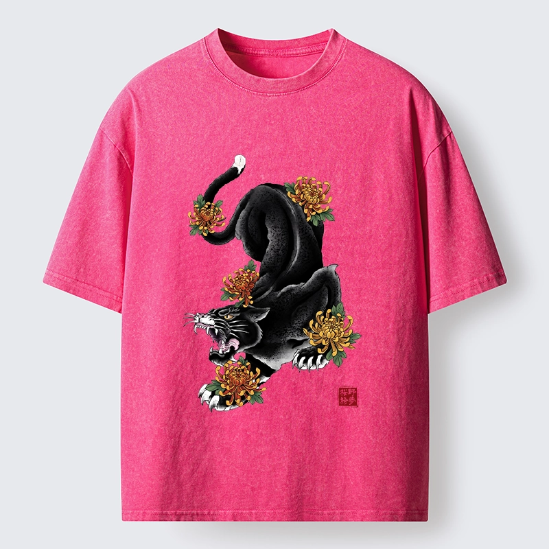 Tokyo-Tiger Wild Black Cat Panther Autumn Flower Graphic Washed T-Shirt