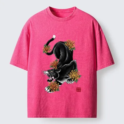 Tokyo-Tiger Wild Black Cat Panther Autumn Flower Graphic Washed T-Shirt